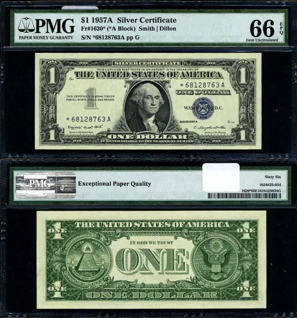 FR. 1620* $1 1957-A Silver Certificate *-A Block Gem PMG CU66 EPQ Star