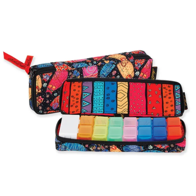 Laurel Burch Multi Feline Cats Quilted Cotton 7 Day Zip Pill Organizer Bag Pouch