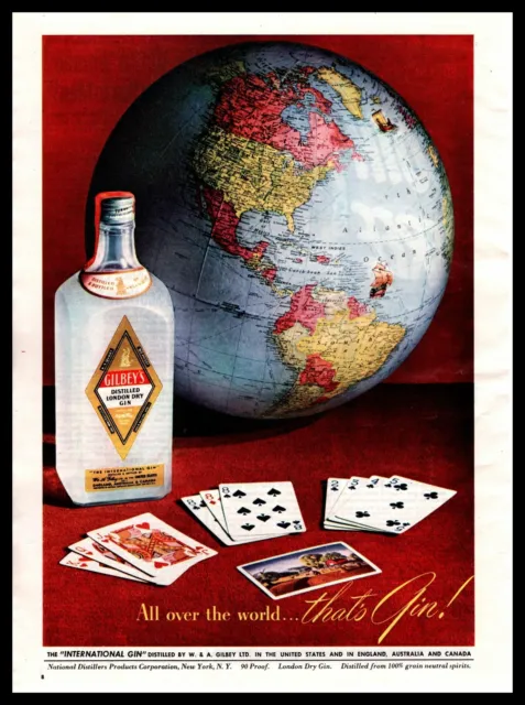 1949 Gilbey's "All Over the World, Thats Gin" Playing Cards World Globe Print Ad