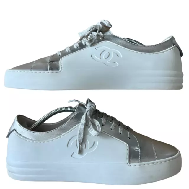 AUTHENTIC CHANEL CC Rubber Sneakers White And Metallic Grey Shoes EuSize 42  US 9 $1,199.99 - PicClick