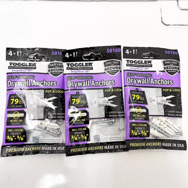 3 Pack of 4 TOGGLER SnapSkru SP Self-Drilling Drywall Anchor with Screws