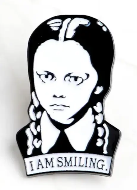 "I Am Smiling" Wednesday Addams Family Lapel Pin Enamel Black White Brooch Adams