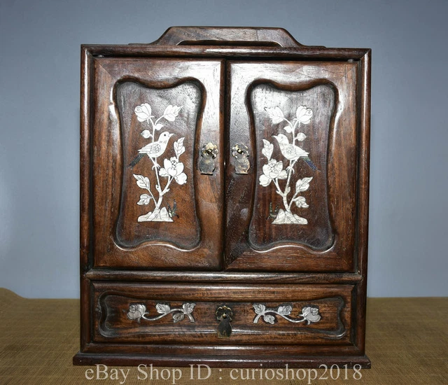 13.6 " China Huanghuali Wood inlay Shell Dynasty Flower Bird Pattern Jewelry Box