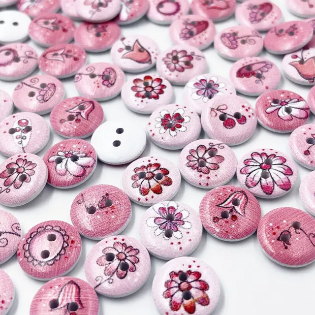 15mm Pink Flower Printing Wooden Buttons Cute Sewing Scrapbooking Craft Making