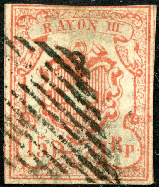 Schweiz Mi.-Nr. 12 O, 15 Rp Schweizer Wappen mit Posthorn, Inschrift „RAYON III“