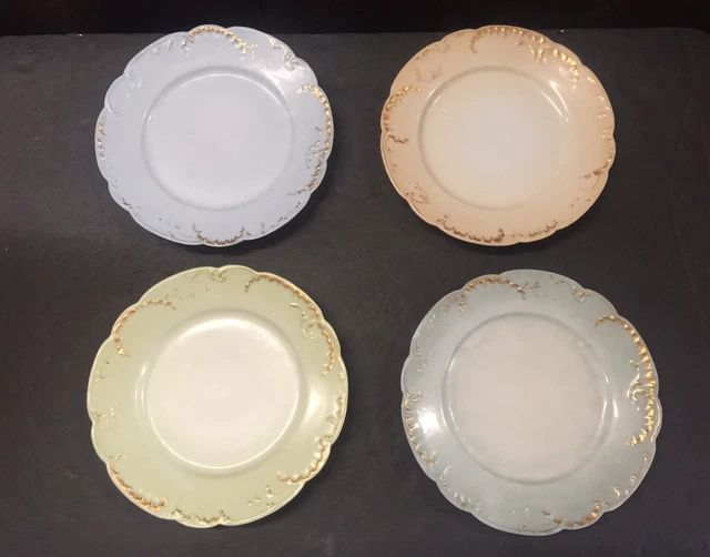 VINTAGE ANTIQUE LIMOGES France Set 4 Colored Pastel Gold Gilded Dessert