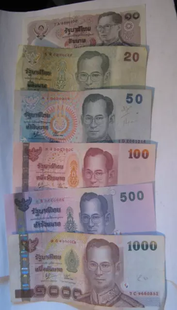 THAILAND 6 Diff Rama IX Baht Notes, 10, 20, 50, 100, 500 & 1000, 1980s to 2006