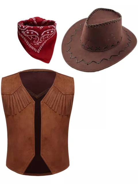 DE Cowboy Kostüm Kinder Jungen Western Weste + Hut Kopftuch Bandana Fasching Set