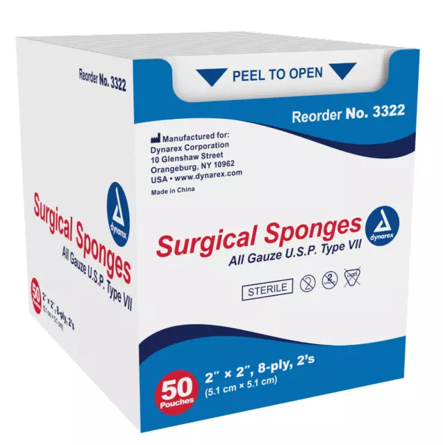 Dynarex Gauze Sterile Surgical Sponges, 2" x 2", 8-Ply (Box of 100)