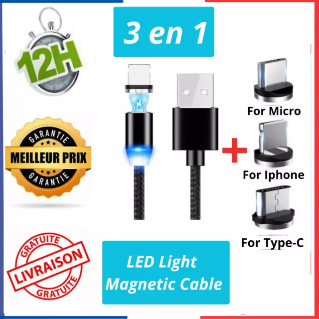 3 EN 1 CÂBLE LED Chargeur USB Magnétic Ultra Rapide Type-C/MICRO USB/IPHONE/IOS