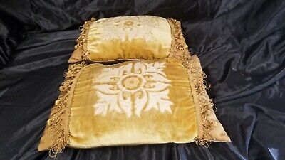 2 Vtg Mid Century Gold Hollywood Regency Accent Pillows Fringe Ornate