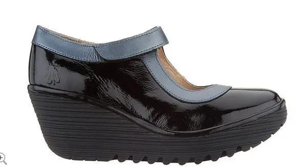 FLY London Leather Mary Jane Wedges Yert  Black Graphite