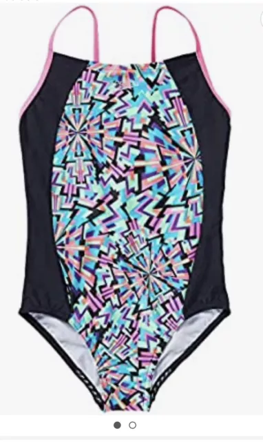 Speedo Girls Sz XL One Piece Swimsuit Black Pink Neon Geometric Design