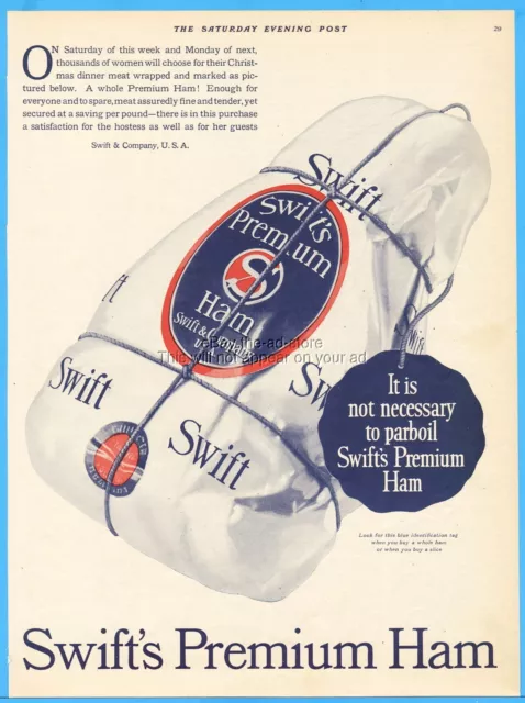 1923 Swift s Premium Ham Christmas Dinner Antique 1920's Kitchen Wall Décor Ad