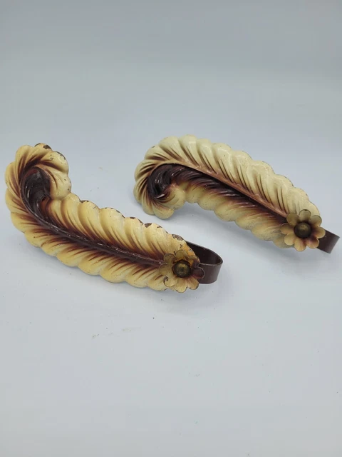 VINTAGE 40s ART DECO METAL CURTAIN  DRAPERY TIE BACKS  FEATHER SET OF 2