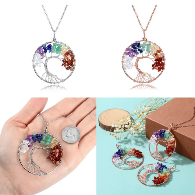 Handmade Tree Of Life Wire Wrap Chakra Crystals Metal Gemstone Pendant Necklace