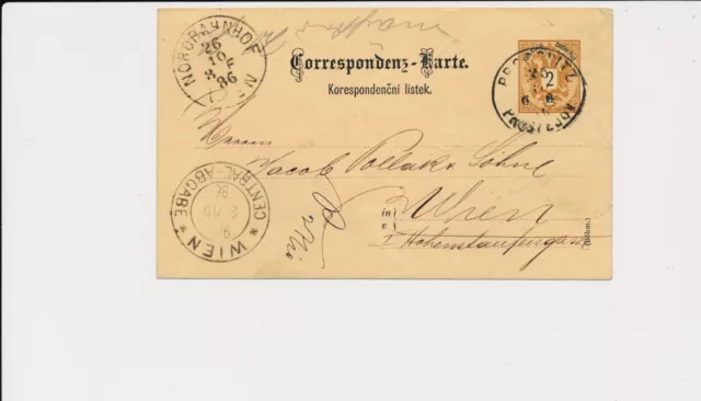 ÖSTERREICH 1886 2kr, KARTE, PROSSNITZ nach WIEN.