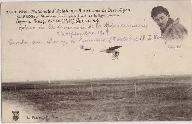 CPA - 69 - BRON-LYON - Ecole Nationale d'aviation - GARROS passe la ligne.