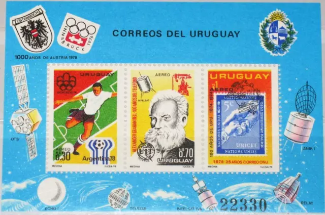 URUGUAY 1976 Block 29 S/S C422 Soccer World Cup 1978 Space G. Bell ITU Telephone