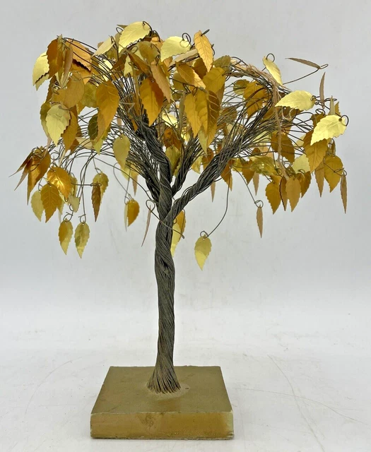 VINTAGE MCM GOLD Twisted Copper Wire Dream Tree Gold Foil Leafs Bonsai