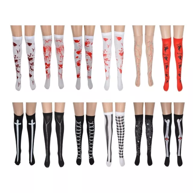 Gothic Style Socks Halloween Themed Stockings Spooky Pattern Over Knee Length