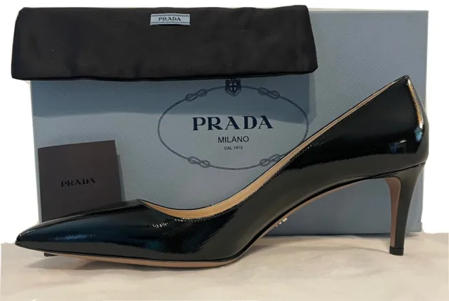 NEW PRADA Women's Textured Patent Leather Pointed Black Pumps, Sz. 10.5