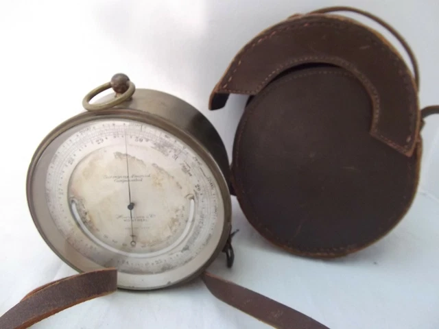 Vtg antique Harrison Surveying Aneroid Compensated Brass leather case barometer