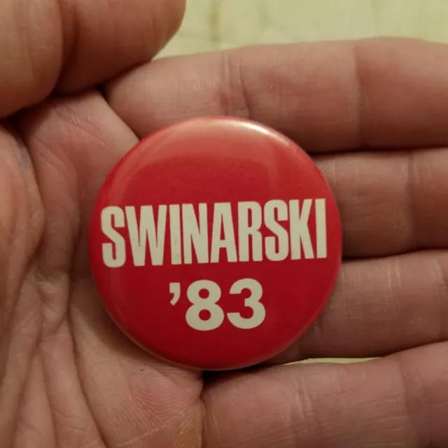 Vintage 1983 Swinarski 2-5/8 button Pin red white-Tub15