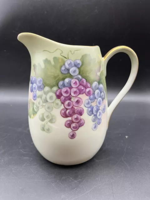 Vintage Hand Painted Porcelain Pitcher Fruit Grapes 7" Tall Signed By Artist