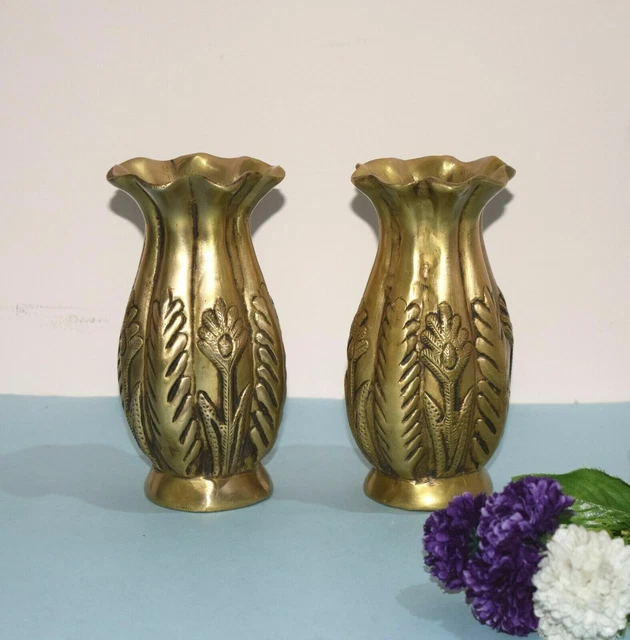 Laiton Ondé Design Vases Handmade Petit Coin Fleur Pot Set De 02 Pièces EK82
