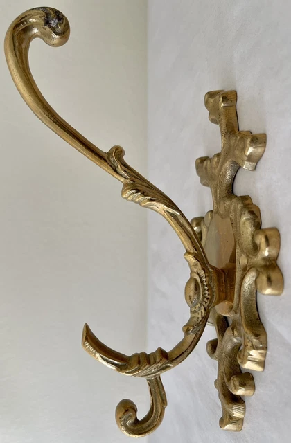 Set of 2 Vtg Antique Style Ornate Solid Brass Triple Coat Key Hat Hanger Hooks 4