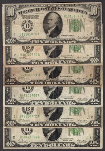 Lot of 6 1928 B-D $10 Ten Dollar Bills "Gold on Demand" Lime Green Seal S497