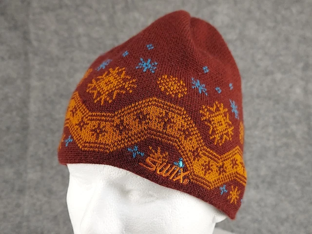 SWIX Men's SKI Knit Hat Cap Beanie Wool Fleece Lined Burgundy Fair Isle