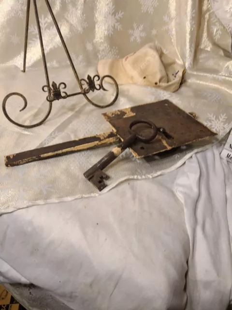 Primitive Original 1700s Hand Forged Door Lock Plate and Original Key is Marked