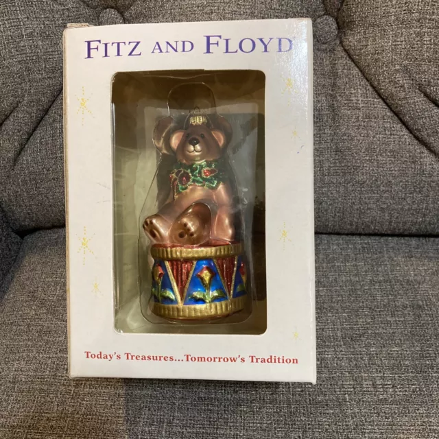 FITZ AND FLOYD Old Fashion Christmas Bear on Drum Vintage Ornament in Box