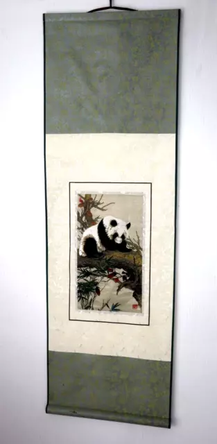 Silk Tapestry Scroll Panda Bear Gold Green 40" Tall X 13" Wide Decor Collectible