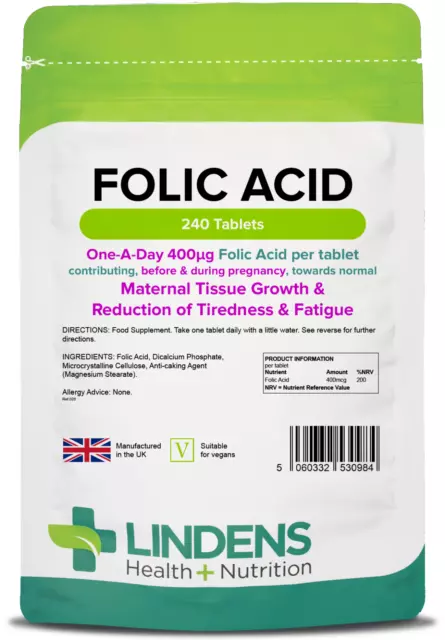 Lindens Folic Acid 400mcg - 240 Vegan Tablets - Pregnancy, UK Made, Immune