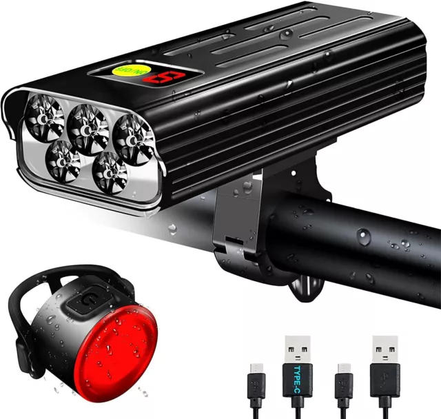 Bike Front Rear Light Set 80000Lumens Powerful LED USB Rechargeable Bicycle Lamp