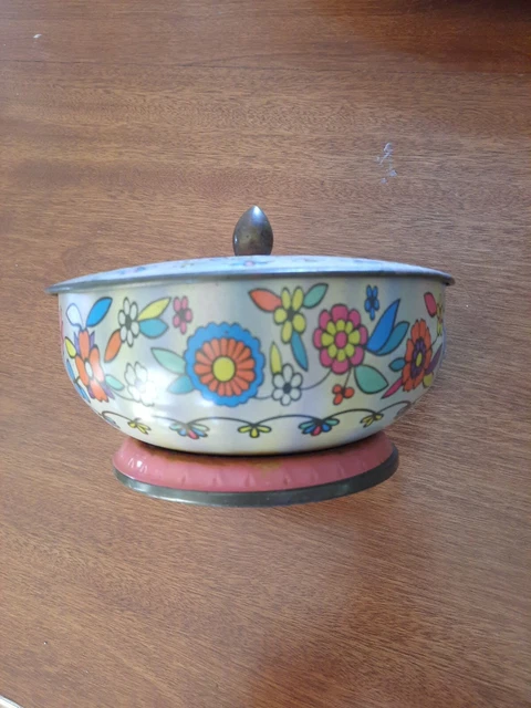 Vintage  Round Floral Tin Container with Lid