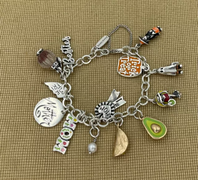 James Avery Sterling Forged Link Bracelet w/12 Charms: Bronze Avocado/Taco/MOM