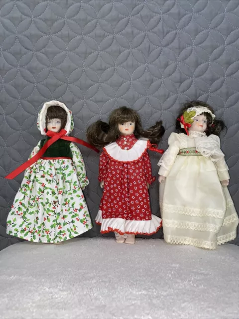 VTG Gorham Christmas Morning Bisque Porcelain Hanging Dolls Lot 3 Ornament 80’s