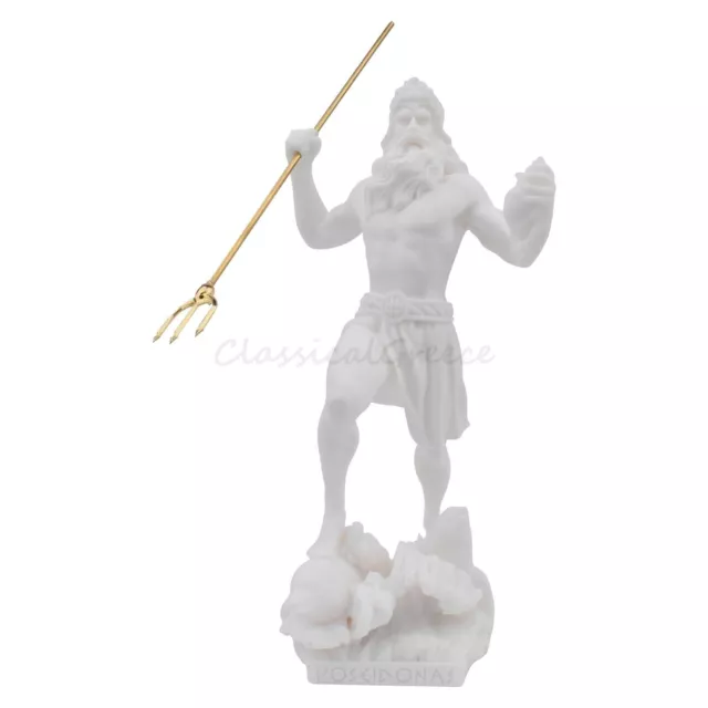 Statue Ancient Greek God Poseidon All White Alabaster 7" - 18cm Cast Marble