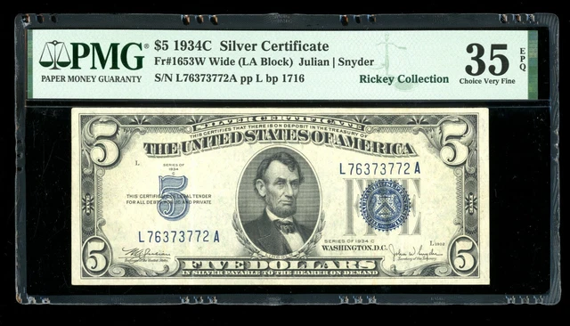 DBR $5 1934-C Silver Fr. 1653W LA Block Wide PMG 35 EPQ Serial L76373772A