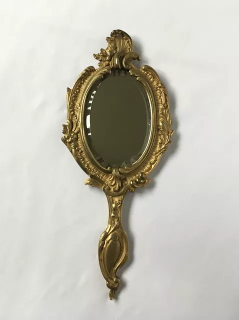 Ancien FACE À MAIN Style LOUIS XV en BRONZE DORÉ et MIROIR BISEAUTÉ