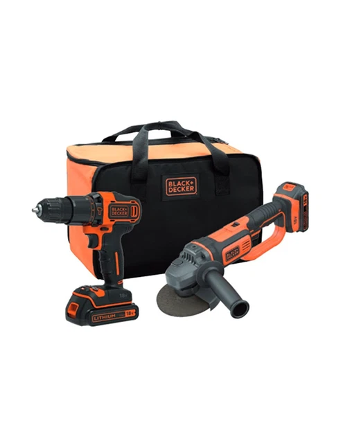 Lot De Perceuse à Percussion + Meuleuse 125mm Black + Decker 18V + 2 Piles 2,0Ah