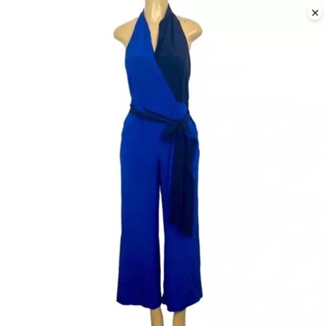 Diane Von Furstenberg Blue Silk V-Neck Jumpsuit Colorblock Halter Size US 4 | S