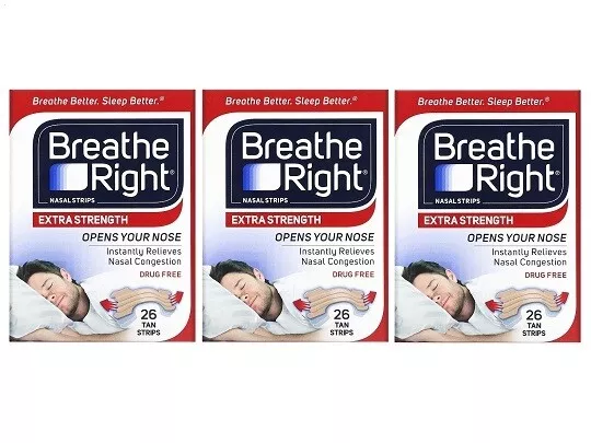 3 x Breathe Right Nasal Strips Extra Strength Tan 26 Strips