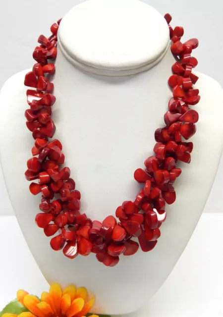 SILVER TONE, MULTI Strand Red Coral Bead Statement Necklace 18
