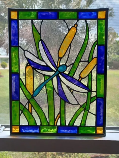 Dragonfly Stained Glass Window Panel Hand Painted