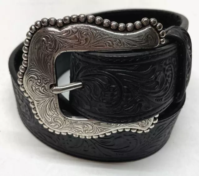 Tony Lama Western Tooled Embossed Leather Belt & Buckle Black 36 C50733 ￼USA